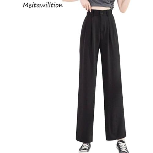 2021 Retro Solid Wide Leg Pants Autumn Casual Office Long Trousers Women High Waist Loose Straight Suit Pants