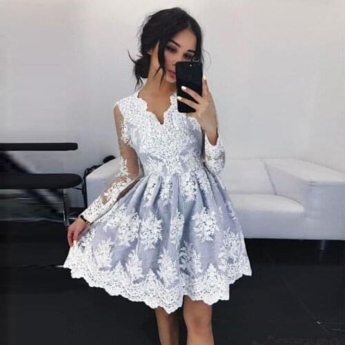 2021Sexy A-Line V-Neck See Through Long Sleeves Lace Evening Dress Short With Appliques Vintage Party Dresses Robe De Soiree 029