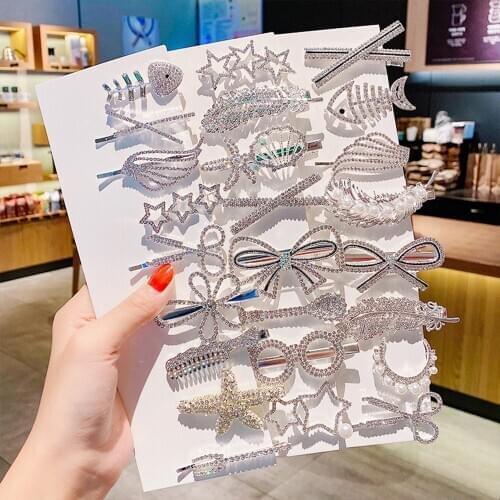 3/5 Pcs/ Set Women Hair Clips Rhinestone Crystal Hairpins Bezel Hair Accessories Silver Color Barrettes Korean Girls Headwear