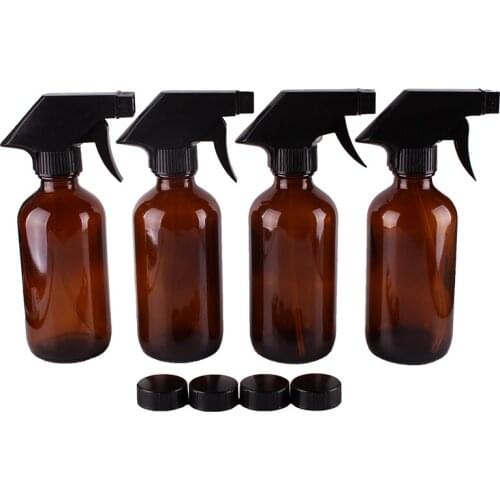 4pcs 250ml 8OZ Amber Glass Spray Stream Bottle w/ black trigger sprayer cap for essential oil empty cosmetic containers cleaning