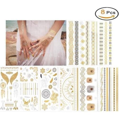 8Pcs Metallic Temporary Tattoos Fake Gold Silver Body Jewelry Sticker Wedding DIY Decoration Waterproof Beach Party Supplies