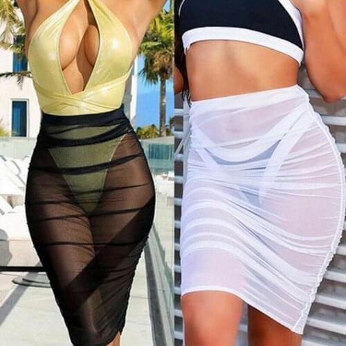 Women Sexy Beach Mesh Bikini Cover Up Skirts Chiffon Beachwear Short Bathing Sundress Beach Dress See Through Beach Sundress