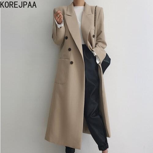 Korejpaa Women Jackets 2021 Autumn Korea Sweet Temperament Ladies Retro Lapel Double-Breasted Double Pockets Long Suit Coat