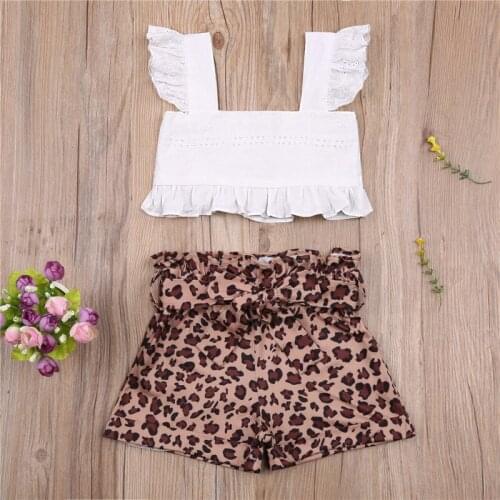 Girl’s Summer Two Piece Set Fashion Ruffle Fly Sleeve Vest Top and Leopard Shorts With Belt Children Kids Casual Stylish Clothes