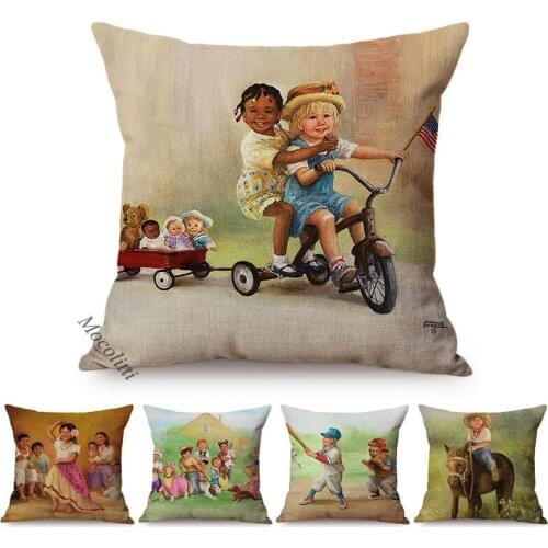 Cute Childhood Time Water Color Painting Style Decoration Sofa Throw Pillows Case Kids Good Memory Room Bed Linen Cushion Cover