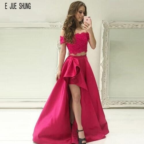 E JUE SHUNG Fashion Rose Red Evening Dresses Off Shoulder High Split Lace Two Pieces Party Prom Gowns Backless Vestido De Festa