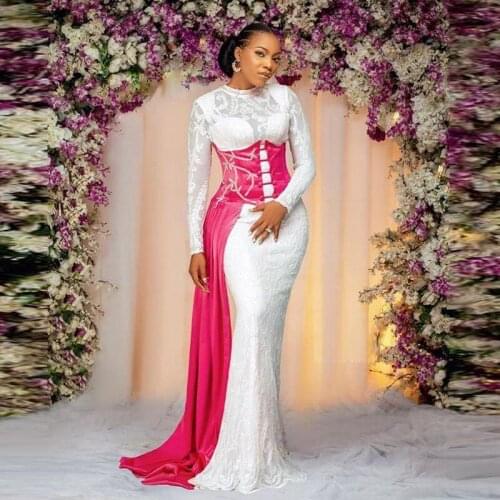 Muslim Lace Mermaid Evening Dresses With Detachable Waist Train Long Sleeves Plus Size Prom Dress Aso Ebi Women Party Gowns