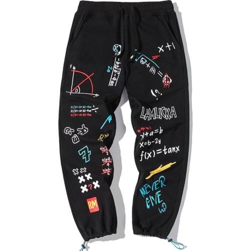 Joggers Hip Hop Mens Pants Cargo Patchwork Graffiti Geometric Letter Print