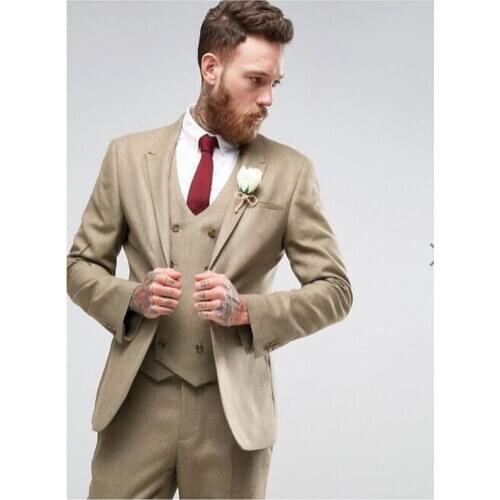 2019 Champagne Slim Fit Wedding Suits for Men Satge Clothes Double Breasted Vest Custom Made Terno Groom Tuxedos 3 Piece Suits