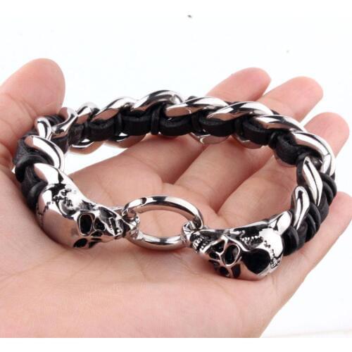 Punk Rock Man Jewelry 316L Stainless Steel With Genuine Leather Wrap Bracelet Men Cool Double Skull Head Animal Armband
