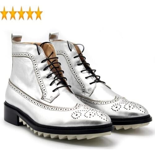 Bullock Genuine Men Leather Lace Up Platform Ankle Design Casual Boots Autumn High Top Brogue Shoes Male