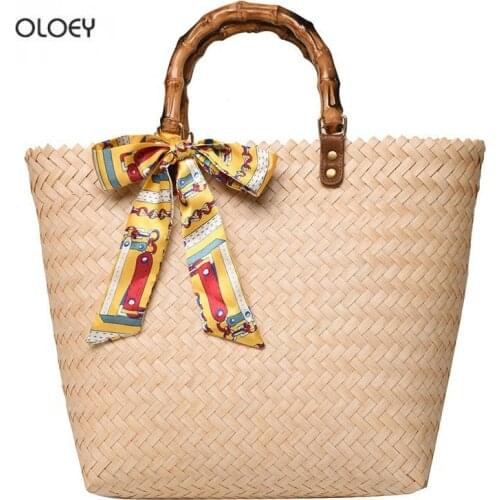 OLOEY Womens Bamboo Handbags Summer Woven Bags Straw Woven Bags Bamboo Woven Bags Large Capacity Beach Bags