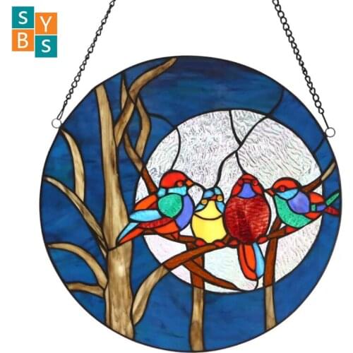 Four Birds Painted Window Hanging Art Chain Decoration Painted Art Window Hanging Ornament Crafts Garden Yard Decoration