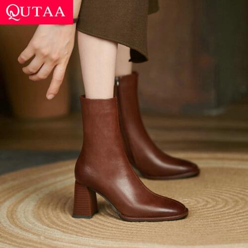 QUTAA 2022 Round Toe Autumn Winter Ankle Boots Cow Leather Zipper Fashion Women Shoes Square Heel Motorcycle Boots Size 34-42