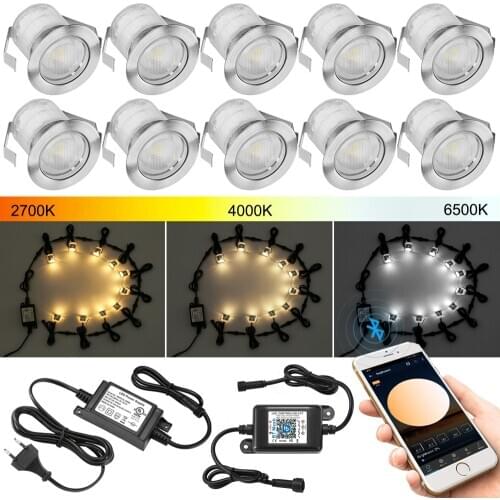 10pcs WW+W+CW CCT Changeable 3in1 30mm 12V Outdoor Yard Path Stairs Patio LED Deck Floor Lights IP67 Bluetooth Controller