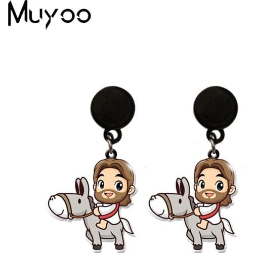 New Jesus with Donkey Holy Bible Sheep Patterns Acrylic Epoxy Print Resin Dangles Handcraft Acrylic Drop Earrings