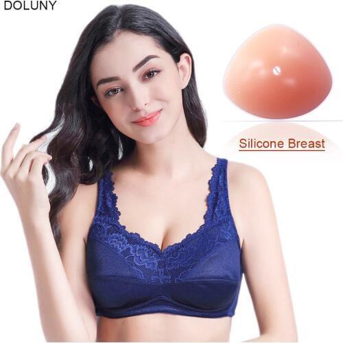 Silicone Breast and Blue Mastectomy Bra has Pocket to insert the Triangle Fake Breast Forms Boobs Prosthesis D30
