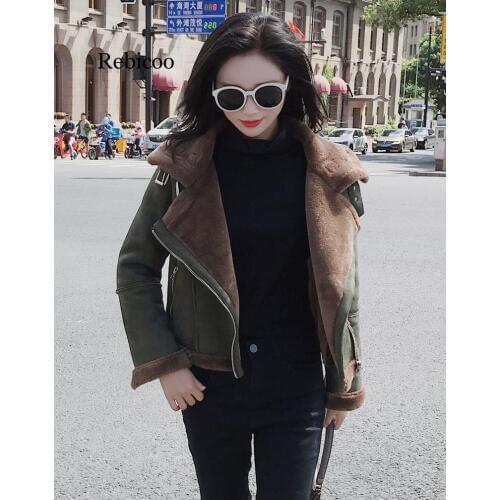 Korean-style Loose-Fit Fur Short Suede Coat Thick plus Velvet Biker Jacket