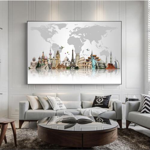 World Famous Building Wall Art Posters And Prints World Tourist Attraction Map Canvas Art Paintings Modern Pictures Home Decor