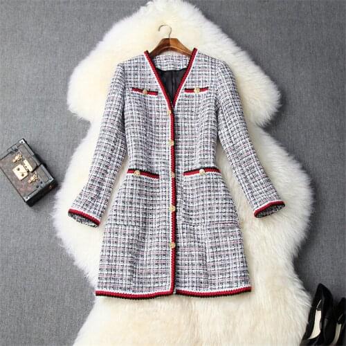 2019 Fashion Winter Jacket Women Runway Fashion Full Sleeve V Neck Plaid Tweed Woolen Jackets and Coats Vintage Casual Outerwear