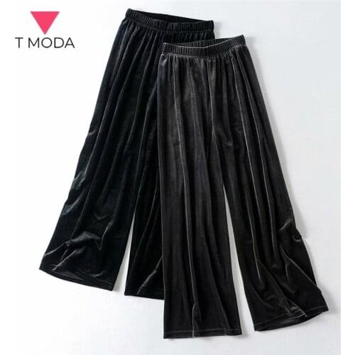 T MODA 2021 Spring Summer Loose High Waist Dark Gray / Black Velvet Wide Leg Pants Lady Trousers Mopeds Loose Chic Pants Female