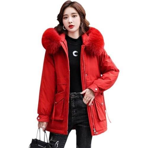Womens Parkas Fashion Mid length Thick Cotton Padded Jacket 2021 New Winter Jackets Big Fur Collar Elegant Coats Female Outwear