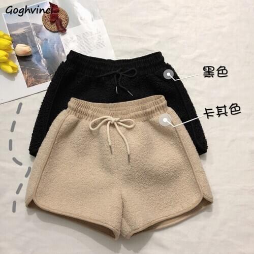 Women Shorts Elastic High Waist Lambswool Loose Wide Leg Slim Solid Simple Korean Fashion Style All-match Students Casual Daily