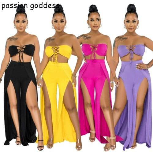 2021 Summer Women Matching Set Sexy Sleeveless Bandage Crop Top Split High Waist Long Wide Leg Pant Two Piece Sets Club Outfits