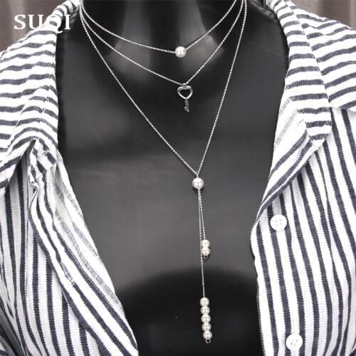 SUQI New Boho Collares for Women Vintage stainless steel Silver color Chain Long Pearl Statement Multilayer Necklace Pendants