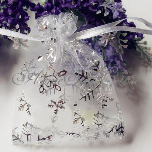 100x Christmas Snowflaker Organza Pouch Bag Drawstring Tie Wedding Favour Gift, snow wedding theme