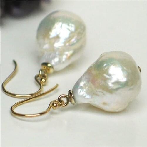 14-16mm White Baroque Pearl Earrings 18K Hook fine jewelry classic fashion diy noble AAAA personality