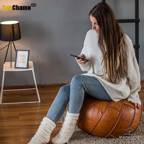 Imitation leather big corrugated round foot stool shoe changing stool household pumpkin leather case