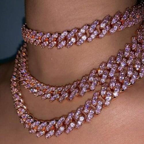 Flatfoosie Pink Clear Iced Out Crystal Cuban Link Chain Necklace For Women Hip Hop Rhinestone Choker Necklace Trendy Jewelry
