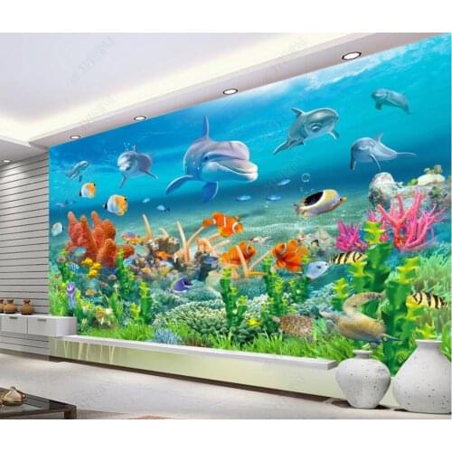 Custom photo wallpaper for walls 3 d Mediterranean Underwater World Dolphin Coral Reef Aquarium Childrens Room TV Background