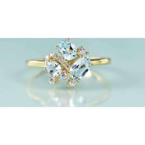 GEMS BEAUTY 925 Sterling Silver 14K Gold Filling Rings Natural Oval Cut Unique Three-Stone Trellis Sky Blue Topaz Handmade Ring