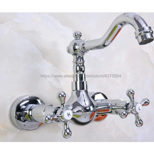 Chrome Wall Mounted Basin Faucets Bath Faucets Double Handle Dual Hole Bathroom Sink Washbasin Water Mixer Tap Nnf968