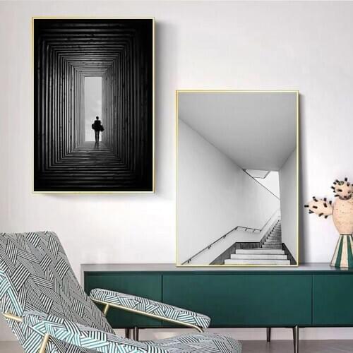 Nordic Black and White Building Staircase Canvas Painting Morden Posters and Prints Wall Art Pictures for Living Room Home Decor