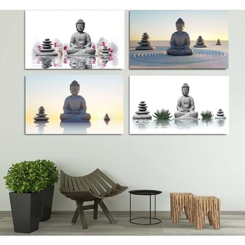 Abstract Printed Hotoke Buddhism Buddha Zen Stone and Lotus Painting Picture Cuadros Decor Buda Canvas Art For Bed Room Decal
