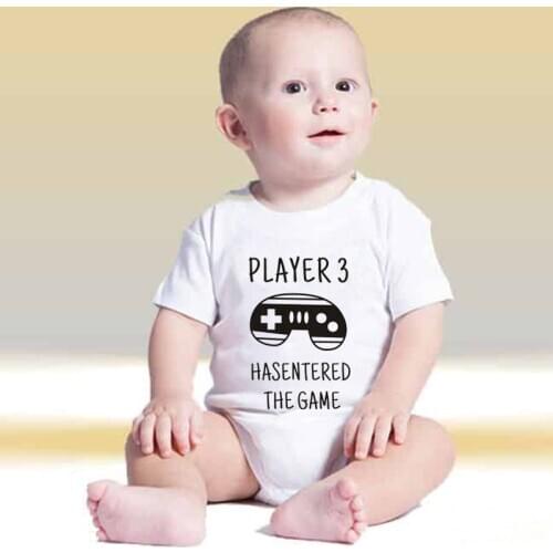 Player 3 Has Entered The Game Printed Funny Newborn Baby Bodysuit White Short Sleeve Body Baby Boy Girl Onesie Rompers Clothes