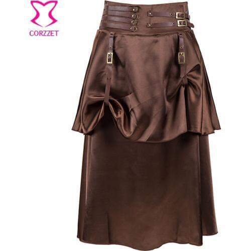 Brown 2 Layer Satin PU Leather Belted Waistband Womens Skirts Plus Size Victorian Corsets And Bustiers Gothic Steampunk Skirt