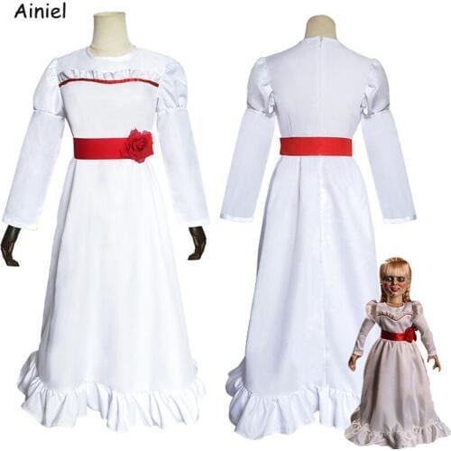 Movie Annabelle Hair Costume The Conjuring Doll White Women Long Princess Dress Skirt Girls Kids Halloween Carnival Uniforms Wig