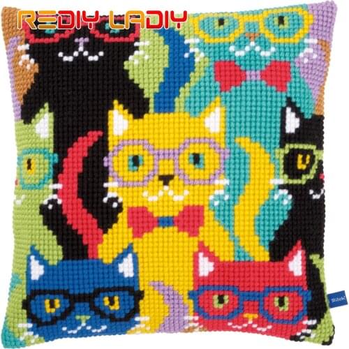 Cross Stitch Cushion Cover Funny Cats Pillow Case Pre-Printed Canvas Thick Yarn Cross-stitch Kits Needlepoint Arts and Crafts