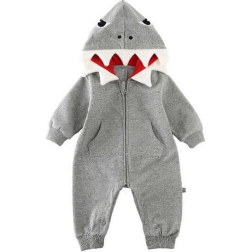 Cute 3D Shark Romper Jumpsuit Winter Hooded Playsuit Costume For Boy Girl Kids