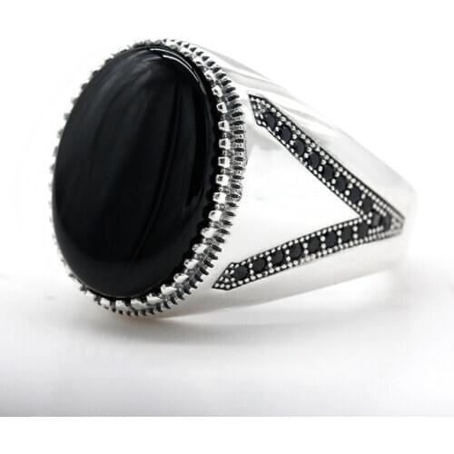 Black Onyx Mens Ring 925 Sterling Silver Oval Natural Stone Thai Silver Original Ring for Male Women Vintage Turkish Jewelry