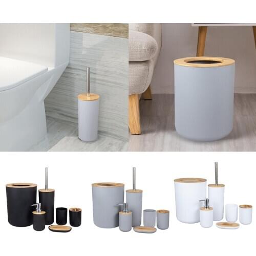 Trendy Bathroom Accessories Set Lotion Dispenser Toothbrush Tumbler Soap Dish Trash Bin, Plastic and Bamboo