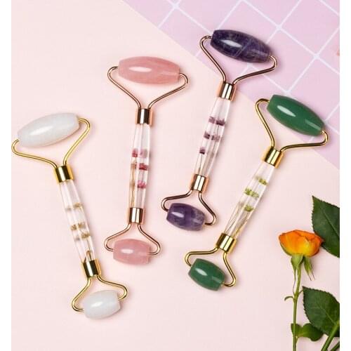 New immortalflower pole jade roller flower pole natural rose quartz massager Slimmer Lift Wrinkle Chin Remover Beauty