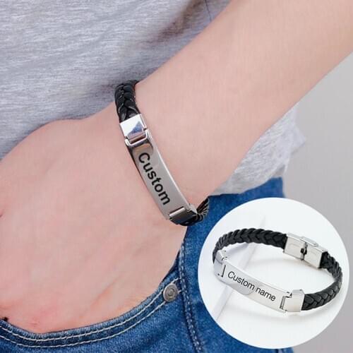 Personalized Stainless Steel Braided Rope Charm Bracelet Custom Men Leather Bracelets Names Beads Gift for Boyfriend Accessories