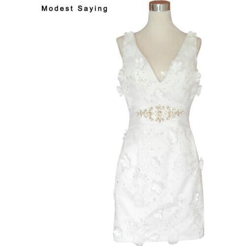 Sexy White Sheath V Neck Flowers Beaded Lace Wedding Dresses 2017 Formal Short Reception Bride Bridal Gowns robe mariage YW38