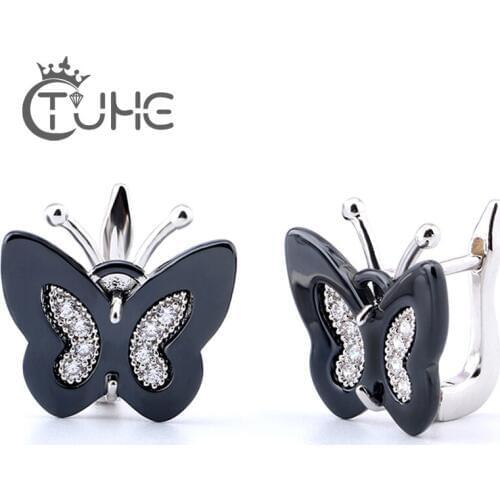 New Elegant Black White Ceramic Stud Earrings Butterfly Design Earring With Bling Crystal For Women Girl Ear Fashion Jewelry