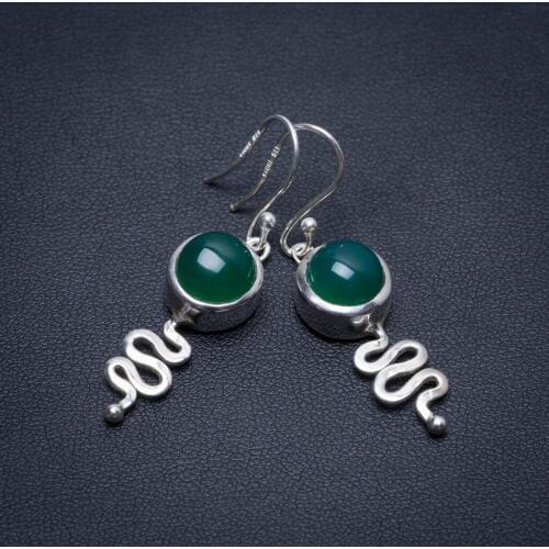 Natural Chrysoprase Snake Handmade Mexican 925 Sterling Silver Earrings 1 3/4" S1621